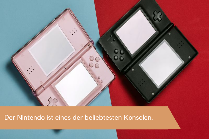 Zwei Nintendos in schwarz und rosa auf blauen und rotem Hintergrund