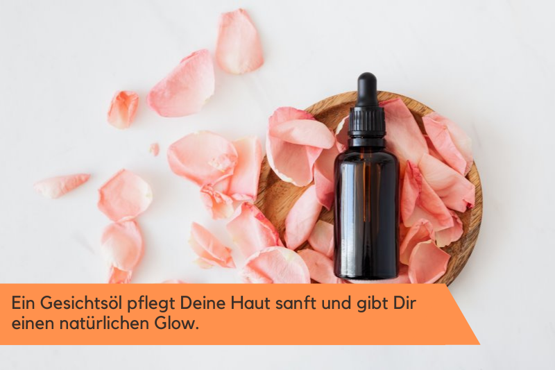 Gesichtsöl in einer Schale mit Blütenblättern